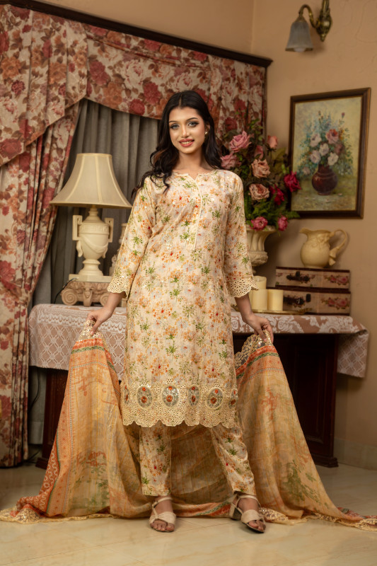 New Readymade Eid Collection Girls Cotton Skinprint Embroidery Lace Work Salwar Kameez | Three Piece 5