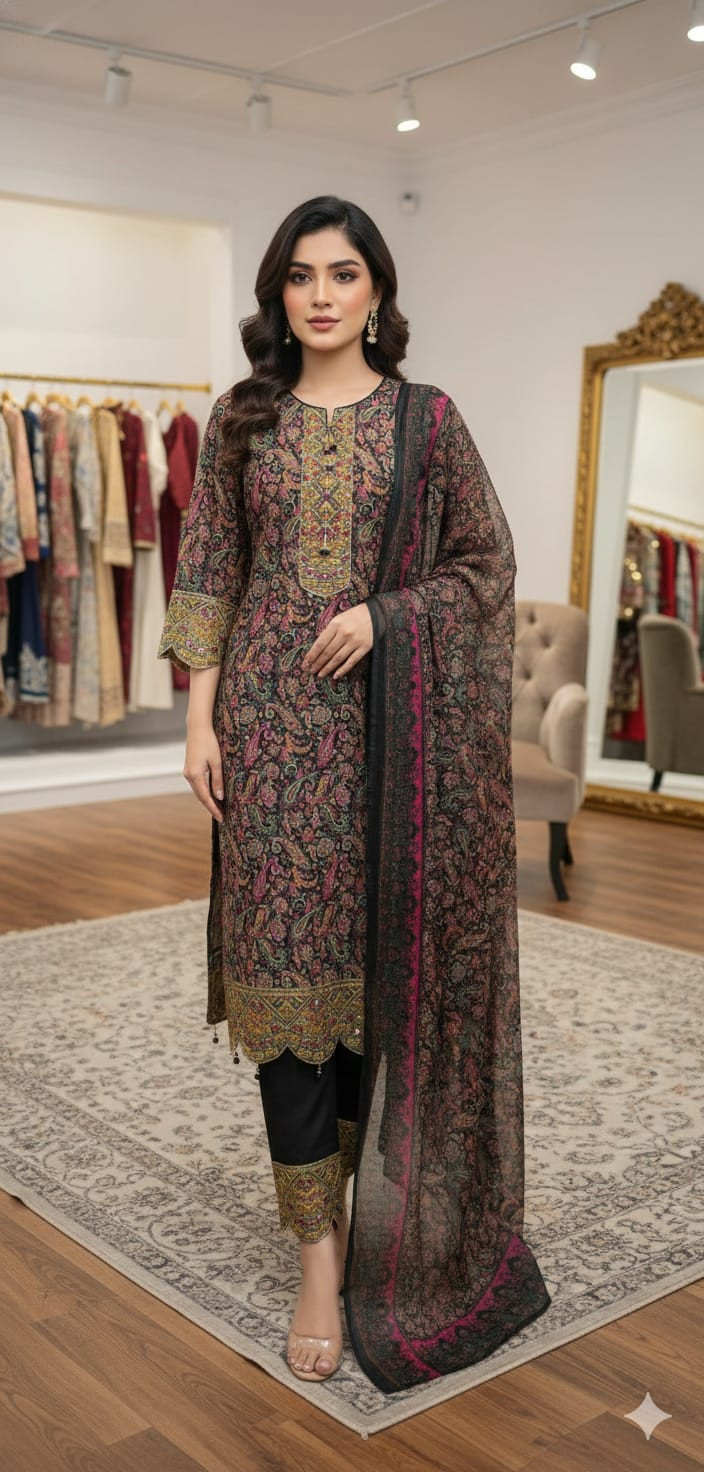 Viscose Digital Print Three Piece – Sequence & Tarsail Embroidery, Bindu Silk Orna ? ভিসকোস ডিজিটাল প্রিন্ট থ্রি-পিস – সিকোয়েন্স ও তারসেল এমব্রয়ডারি, বিন্দু সিল্ক ওড়না