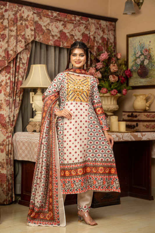 New Readymade Eid Collection Girls Cotton Skinprint Embroidery Lace Work Salwar Kameez | Three Piece 6