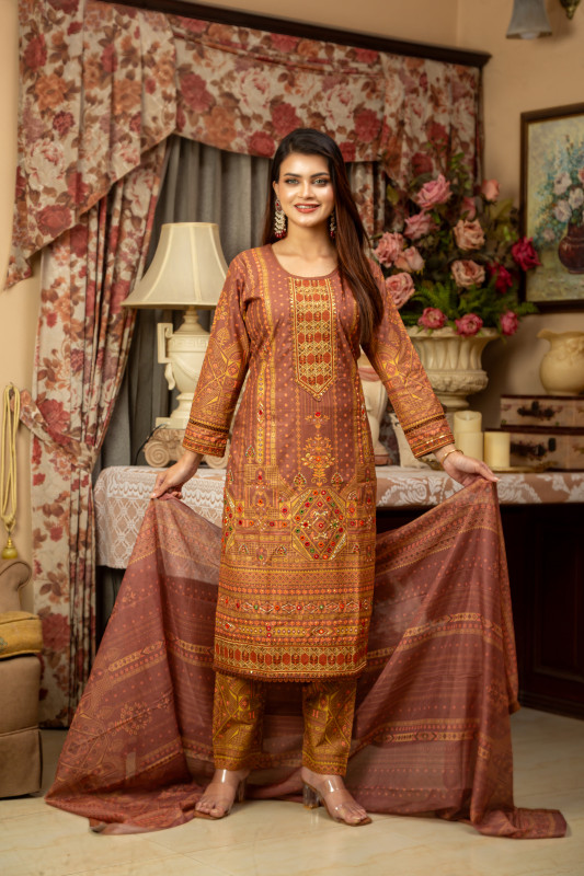 Readymade New Eid Collection Girls Cotton Skinprint Embroidery Lace Work Salwar Kameez | Three Piece
