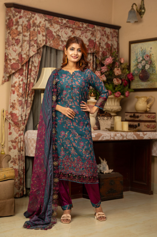 New Readymade Eid Collection Girls Cotton Skinprint Embroidery Lace Work Salwar Kameez | Three Piece 15
