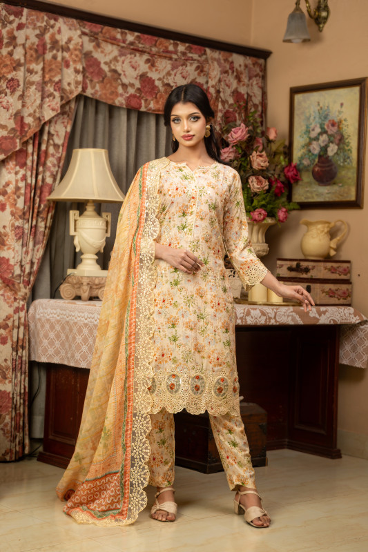 New Readymade Eid Collection Girls Cotton Skinprint Embroidery Lace Work Salwar Kameez | Three Piece 7