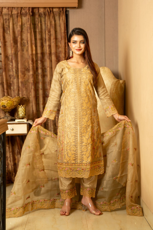 Organza Embroidered Three Piece with Sequence, Dollar Puthi Stone Work ? অরগাঞ্জা কাপড়ের এমব্রয়ডারি থ্রি-পিস – সিকোয়েন্স, ডলার পুথি ও পাথরের কাজ