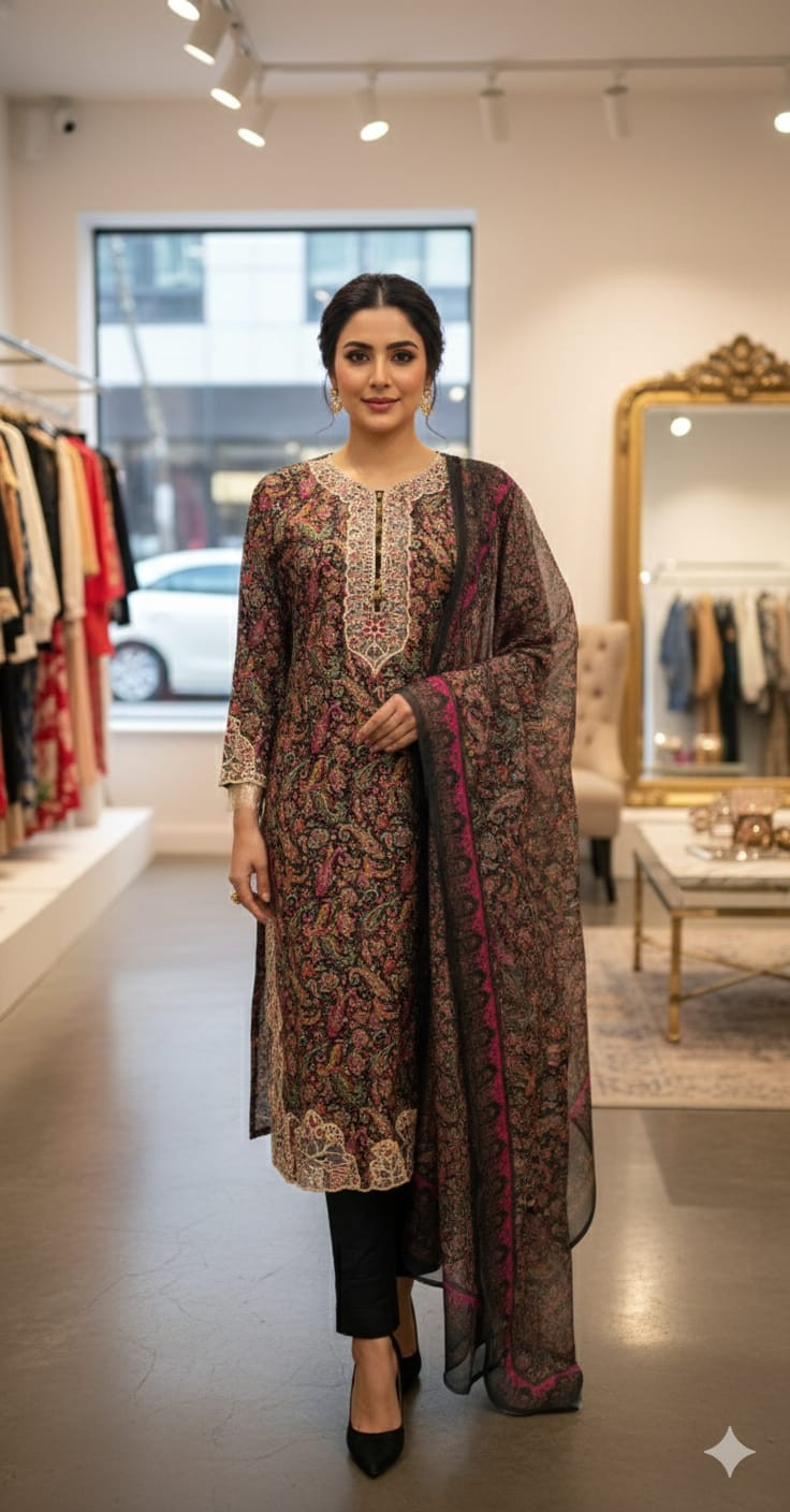 Viscose Fabric Digital Print Three Piece with Sequence & Tarsail Embroidery, Bindu Silk Digital Print Orna ? ভিসকোস কাপড়ের ডিজিটাল প্রিন্ট থ্রি-পিস, সিকোয়েন্স ও তারসেল এমব্রয়ডারি, বিন্দু সিল্ক ডিজি