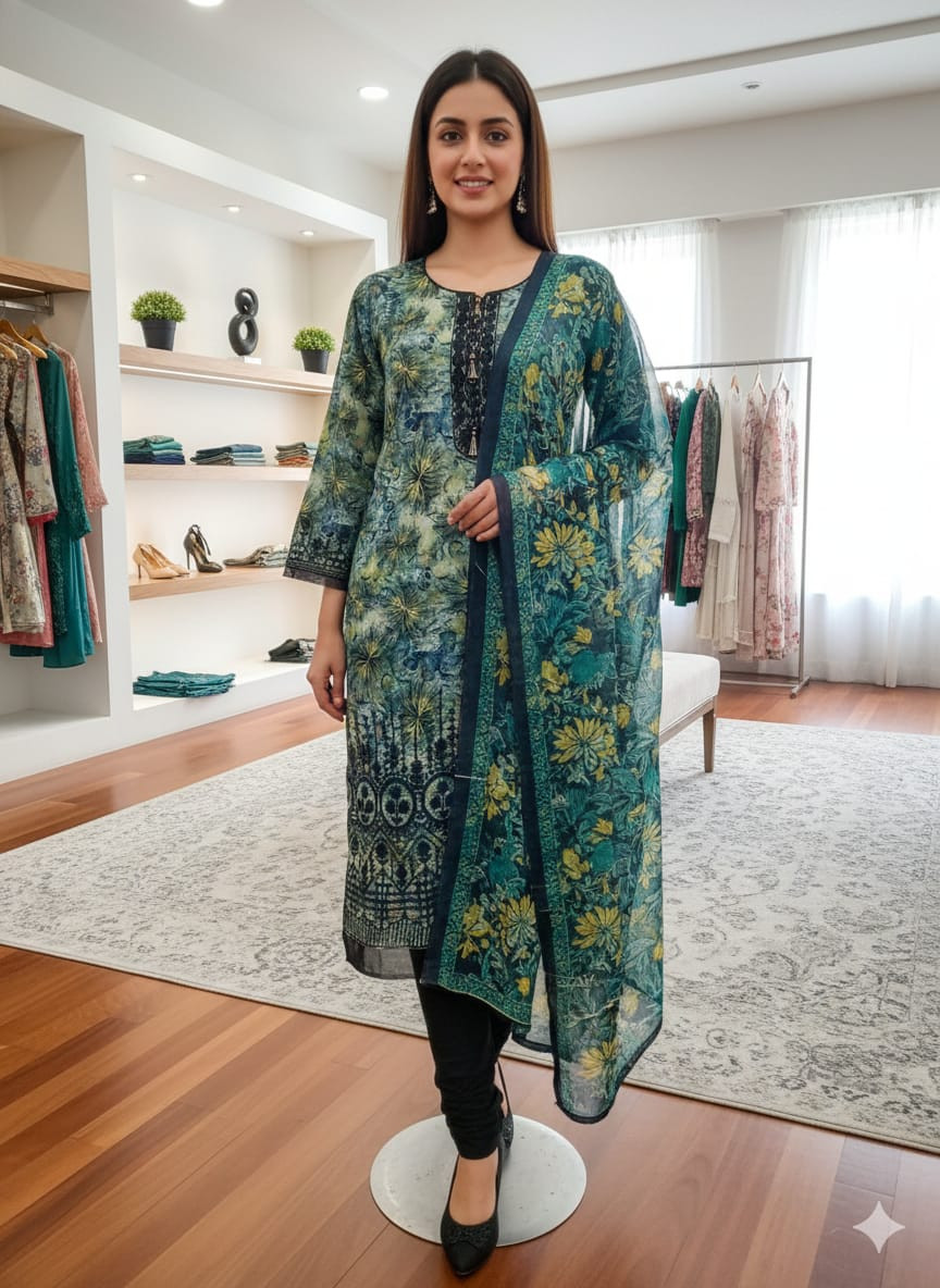 Digital Print Three Piece with Sequence Embroidery & Tarsel Work ? ডিজিটাল প্রিন্ট থ্রি-পিস, সিকোয়েন্স এমব্রয়ডারি ও তারসেল কাজসহ