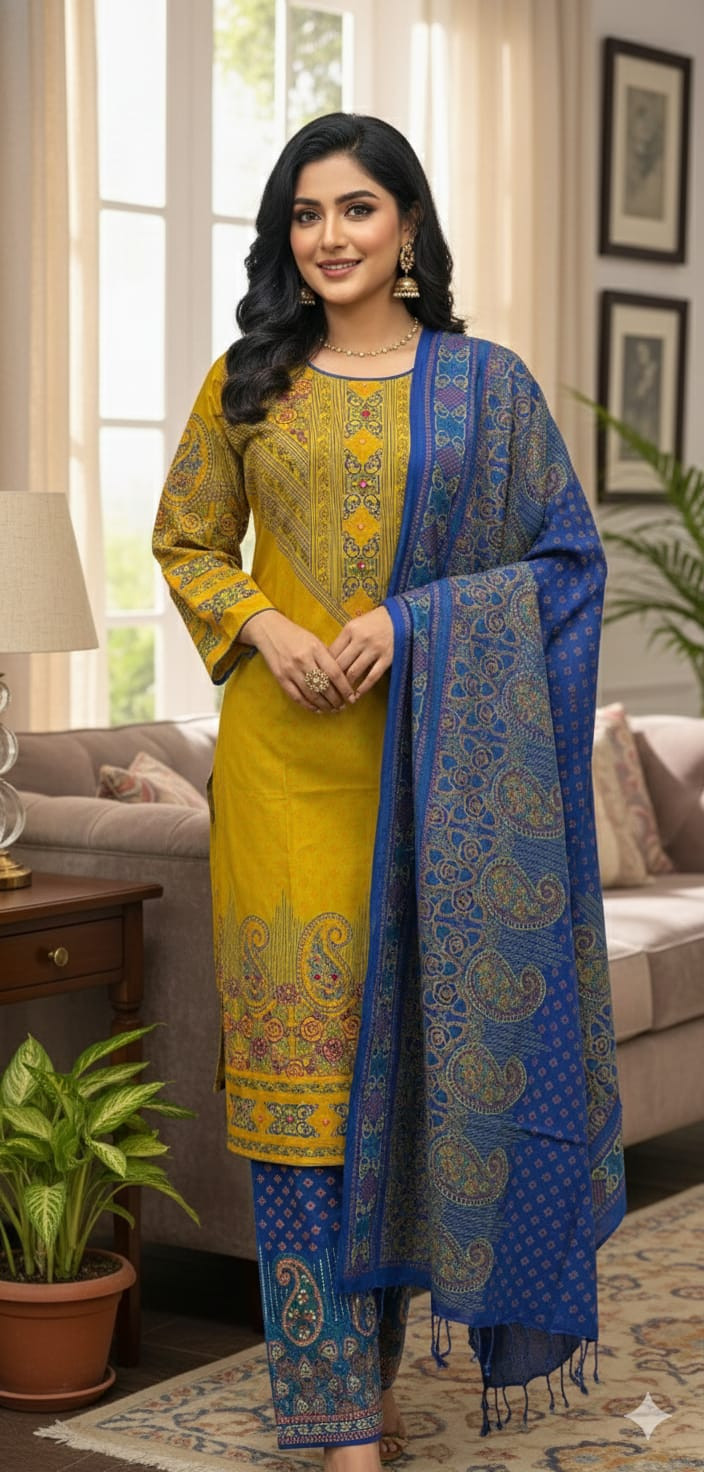 Cotton Skin Print Manual Embroidery Three Piece with Bindu Print Orna & Printed Salwar ? কর্টন স্কিন প্রিন্ট ও এমব্রয়ডারি থ্রি-পিস, বিন্দু প্রিন্ট ওড়না ও প্রিন্টেড সালওয়ারসহ